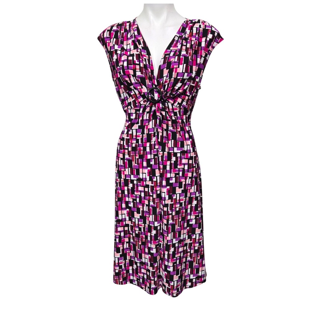 Chaps Pink Purple Geometric O-Ring V-Neck Sleeveless Sheath Dress Large